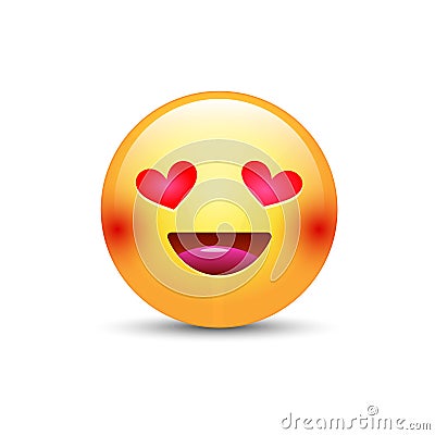 Happy loving emoticon face with eyes in the form of hearts. Cartoon vector emoji in love with smile Vector Illustration