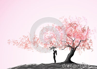 Happy loving family. Mother and child playing under love tree Stock Photo