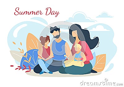 Happy Loving Family on Picnic at Summer Day Nature Vector Illustration