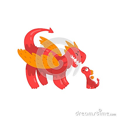 Happy loving mother dragon and her baby, cute family of mythical animals cartoon characters vector Illustration on a Vector Illustration