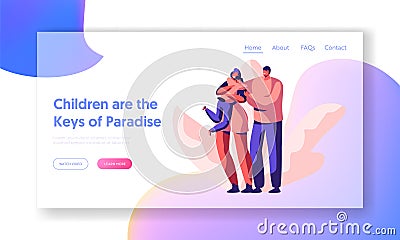 Happy Loving Parent and Children Landing Page. Mother Cuddle Carring Son Website or Web Page Father Hold Wife Shoulder Vector Illustration