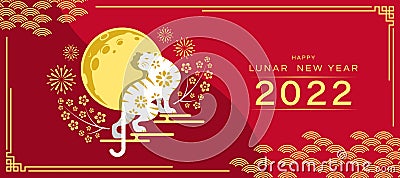 Happy lunar new year 2022 - white and gold tiger zodiac standing on cloud and full moon with firwork and flower around on red Vector Illustration