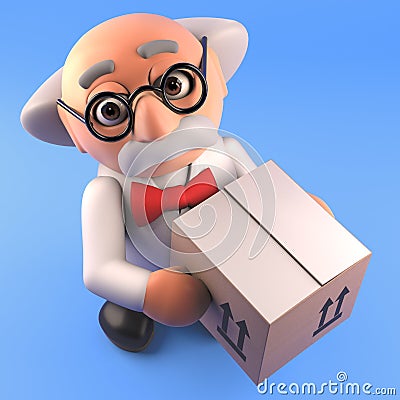 Happy mad scientist takes delivery of a cardboard box package, 3d render Cartoon Illustration