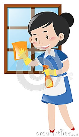 Happy maid cleaning window Vector Illustration