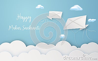 Happy Makar Sankranti festival with flying kites in air digital craft. Religious and Celebration festival concept. Paper art and Vector Illustration