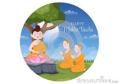 Happy Makha Bucha Day Template Hand Drawn Cartoon Flat Illustration Buddha Sitting in Lotus Flower under Bodhi Tree at Night Vector Illustration