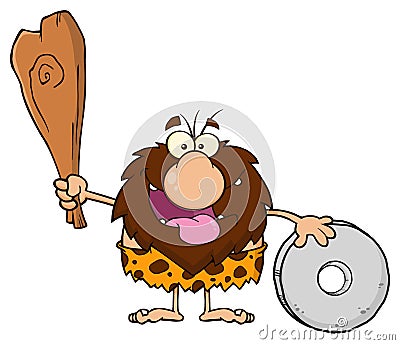 Happy Male Caveman Cartoon Mascot Character Holding A Club And Showing Wheel Vector Illustration