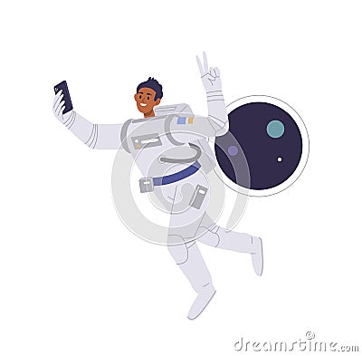 Happy male cosmonaut tourist taking selfie by mobile camera on phone during fantastic journey Vector Illustration