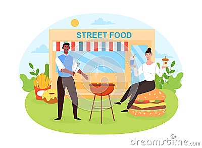 Happy male and female characters are enjoing street food together Vector Illustration