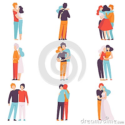 Happy Male and Female Embracing Each Other Set, People Celebrating Event, Couples in Love, Best Friends Vector Vector Illustration