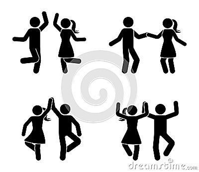 Happy male and female stick figure dancing together. Black and white party icon pictogram. Vector Illustration