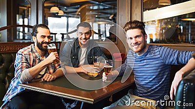 Happy male friends drinking beer at bar or pub Stock Photo