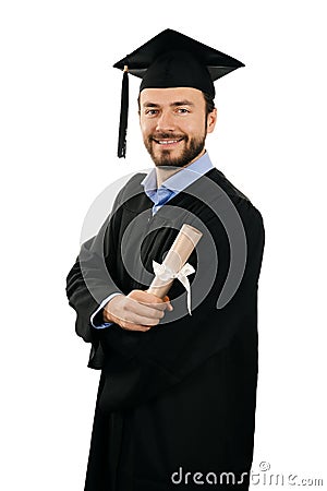 Happy male graduate with diploma isolated on white Stock Photo