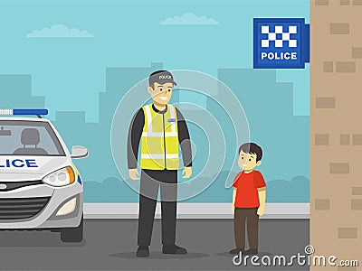 Happy male kid talking to police officer beside police station. Little boy looking at policeman. Vector Illustration