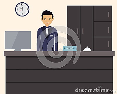 Happy male receptionist standing at hotel Vector Illustration