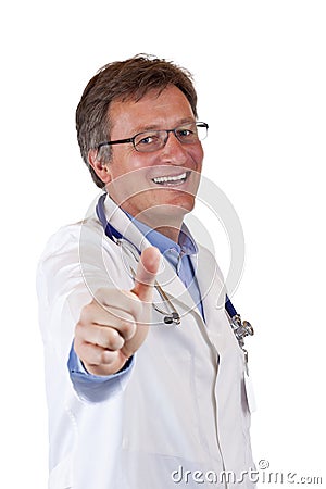 Happy male senior medic shows thumb up Stock Photo