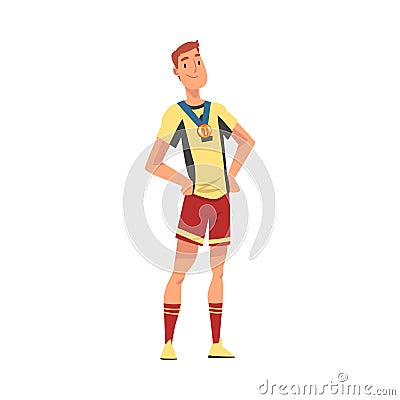 Happy Male Soccer Player Posing with Medal, Athlete in Uniform Celebrating His Victory Vector Illustration Vector Illustration