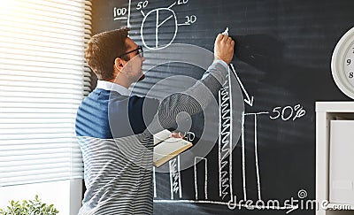 Happy male student, teacher, freelancer with chalk at blackboard Stock Photo
