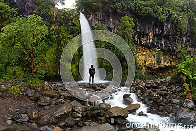 Happy man backpacker enjoying amazing tropical waterfall in New Zealand. Travel Lifestyle and success concept Editorial Stock Photo