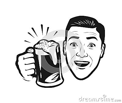 Happy man with beer in his hand. Retro comic pop art vector illustration Vector Illustration