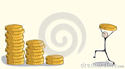 Happy man with a big golden coin raised above his head goes to stack them in common piles. Profitable accumulation of wealth Vector Illustration