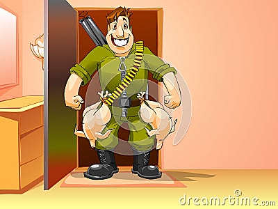 Happy man came home from the hunt Cartoon Illustration