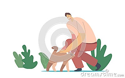 Happy Man Caress Cat. Male Character Caring of Pet Kitten. Leisure, Communication, Love, Care of Animals Concept Vector Illustration