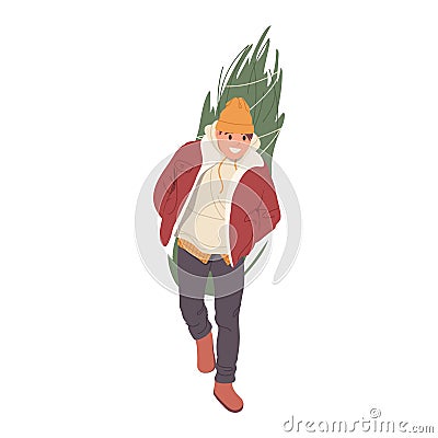 Happy man cartoon character carrying Christmas tree during December holidays event preparations Vector Illustration