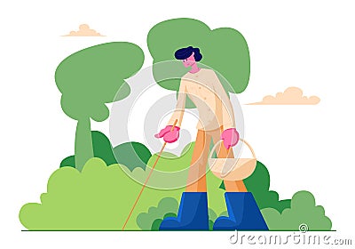 Happy Man Character with Basket and Stick in Hands Searching Mushrooms in Forest, Spend Time Outdoors at Autumn Season Vector Illustration