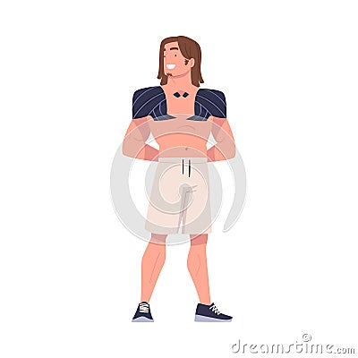Happy Man Character with Replaced Robotic Shoulders as Body Part Prosthesis Restoring Normal Functioning Vector Vector Illustration
