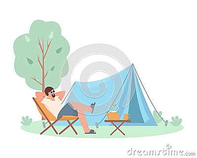 Happy man characters relaxing in chair near touristic tent in forest. Tourist camping concept. Summer vocation. Vector Illustration