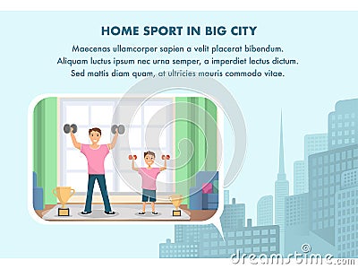 Happy Man and Child Standing Training Bodybuilding Vector Illustration