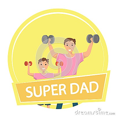 Happy Man and Child Standing Training Bodybuilding Vector Illustration