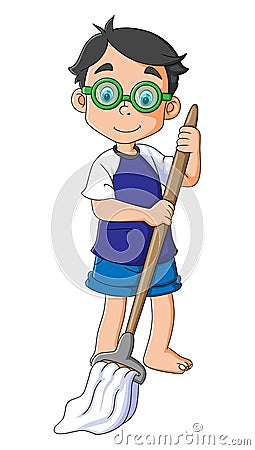 The happy man is cleaning the floor and mopping with the cleaning cloth Vector Illustration