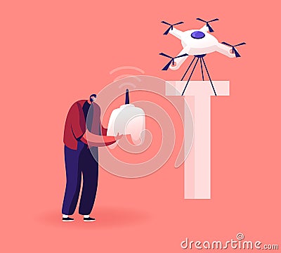 Happy Man Control Quadcopter which Carry Huge Letter T as Part of Thank You Typography. Male Character Vector Illustration