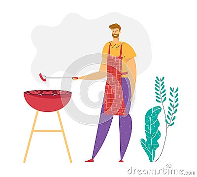 Happy Man Cooking BBQ. Male Character Cook Grill Meat. Outdoor Barbecue and Sausages on Fire. Chef Cooking Food Vector Illustration