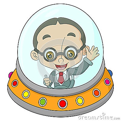 The happy man is driving the small ufo Vector Illustration