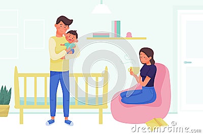 Happy Man Father Hold Baby and Woman Mother Sit in Armchair Resting Vector Illustration Vector Illustration