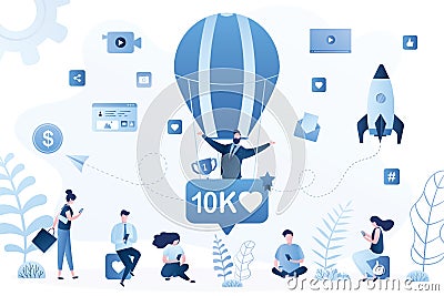 Happy man flies in a balloon, getting many likes. Successful profile in social networks Vector Illustration