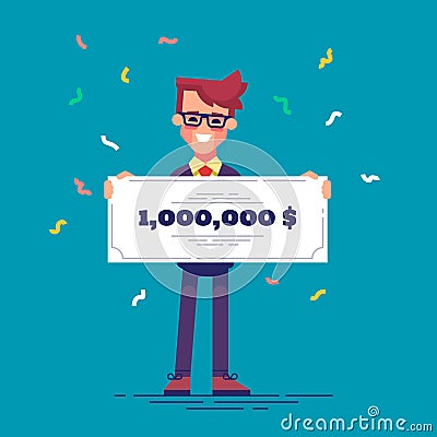 Happy man in formal suit is holding a bank check for a million dollars. Lottery gain concept. Vector. Cartoon Illustration