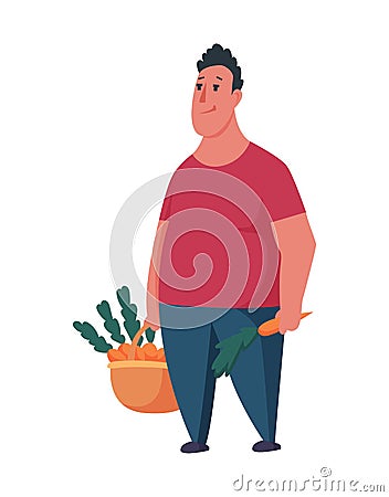 Happy man gardener or farmer with carrot in basket on a white background. Cartoon character of man farming concept Vector Illustration