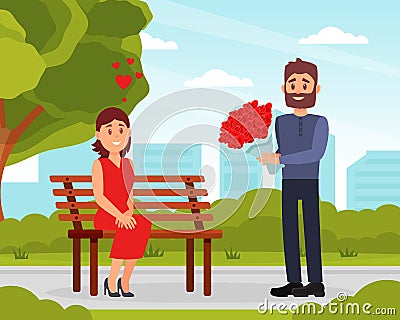 Happy Man Giving Bouquet of Flower to Woman Lover Sitting on Bench in Park Being in Love Vector Illustration Vector Illustration