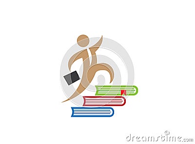 Happy man with handbag and tie run up on multi books for logo design illustration, Teacher icon , success way symbol Cartoon Illustration