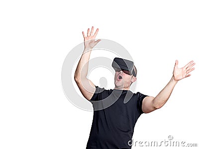 Happy man having fun with virtual reality headset Stock Photo