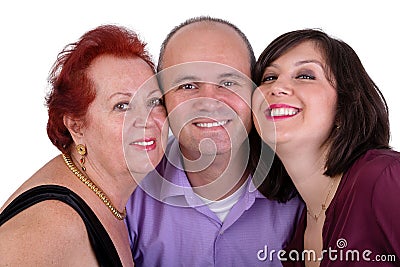 Happy Man with his Mother and Sister Together Trio Portrait Stock Photo