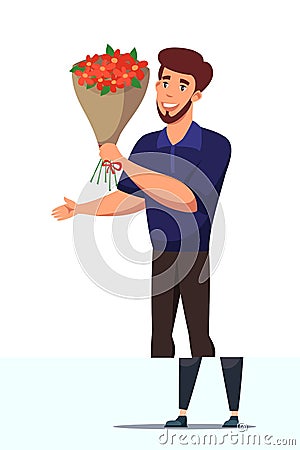 Happy man holding flower bouquet flat character Vector Illustration