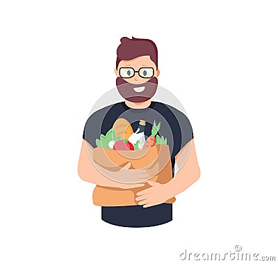 Happy man holding a grocery bag in his hands. Buyer at the supermarket. Vector illustration in cartoon style. Shopping Vector Illustration