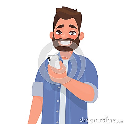 Happy man is holding a smartphone. Person and gadget. Communication in the network. Vector illustration Cartoon Illustration