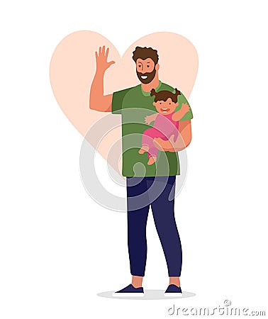 Happy man hugs a baby girl and waves his hand. Concept illustration about family, parenting, parental leave. Flat Vector Illustration