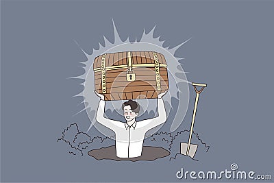 Smiling man hunter find treasure in chest Vector Illustration